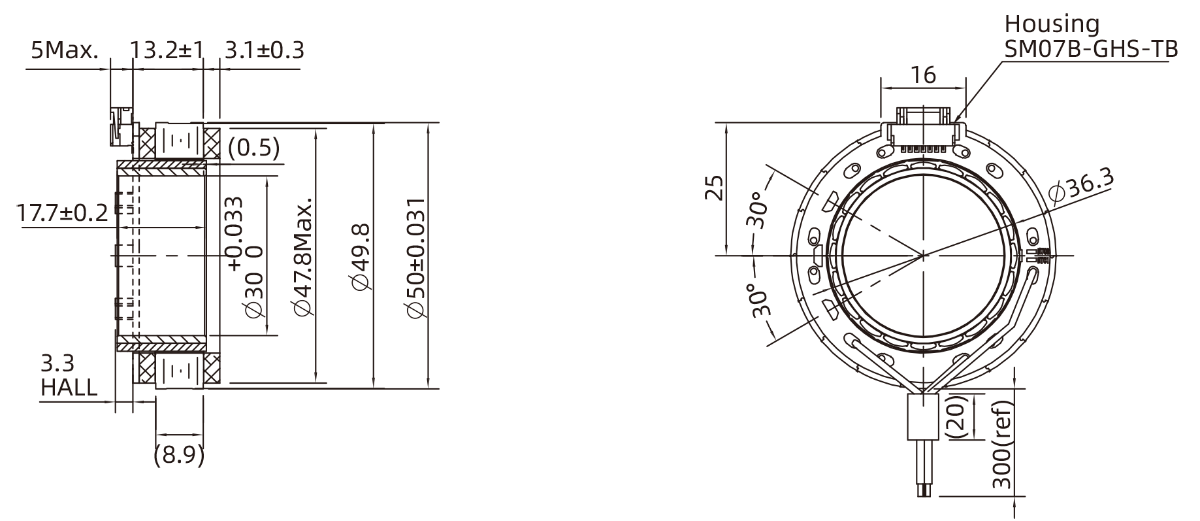 Frameless Motor Size 50mm Dimensional Drawing